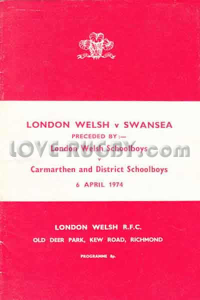 1974 London Welsh v Swansea  Rugby Programme